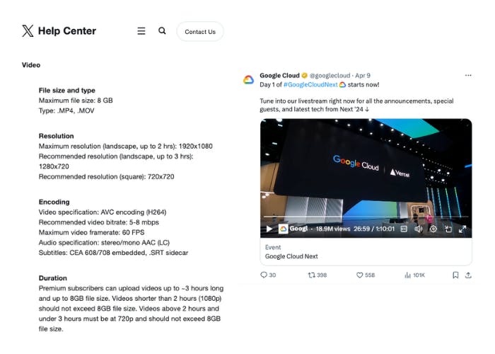 Screenshot of summary from Twitter's video specifications