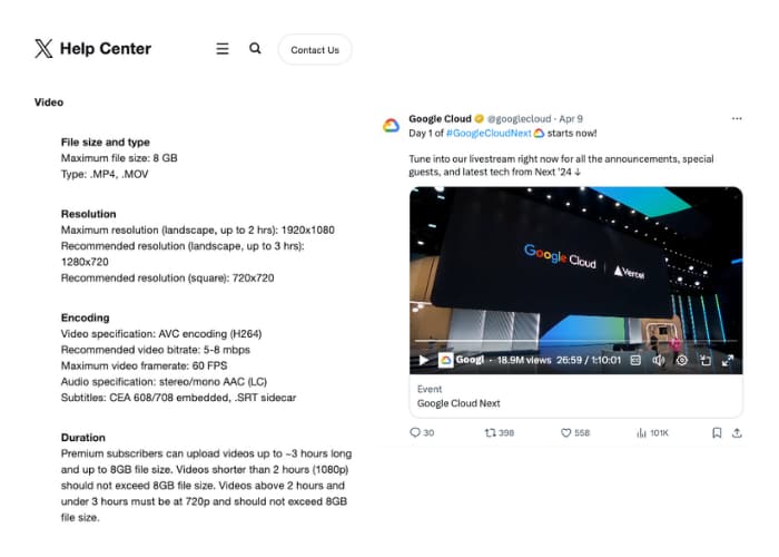 Screenshot of summary from Twitter's video specifications
